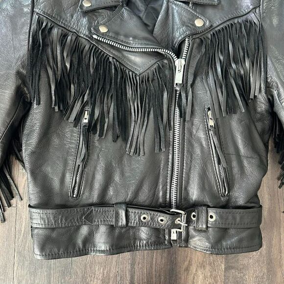 Vintage Leather Fringe Motorcycle Jacket Zip Up Collared Pinup Greaser Sz Medium - Picture 7 of 7
